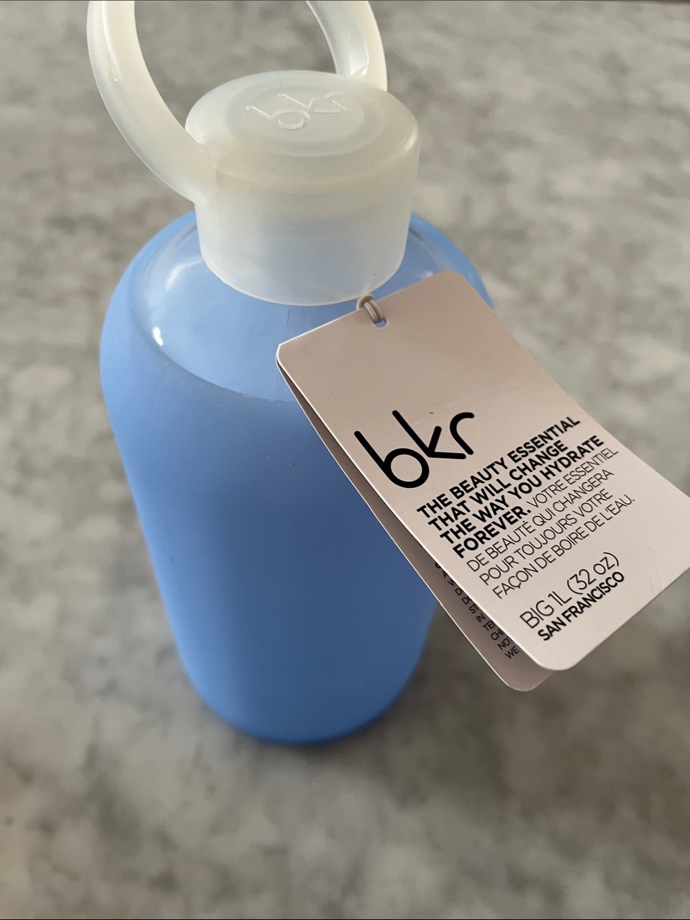 bkr Blue Silicone Sleeve Bottle with White Cap and Tag